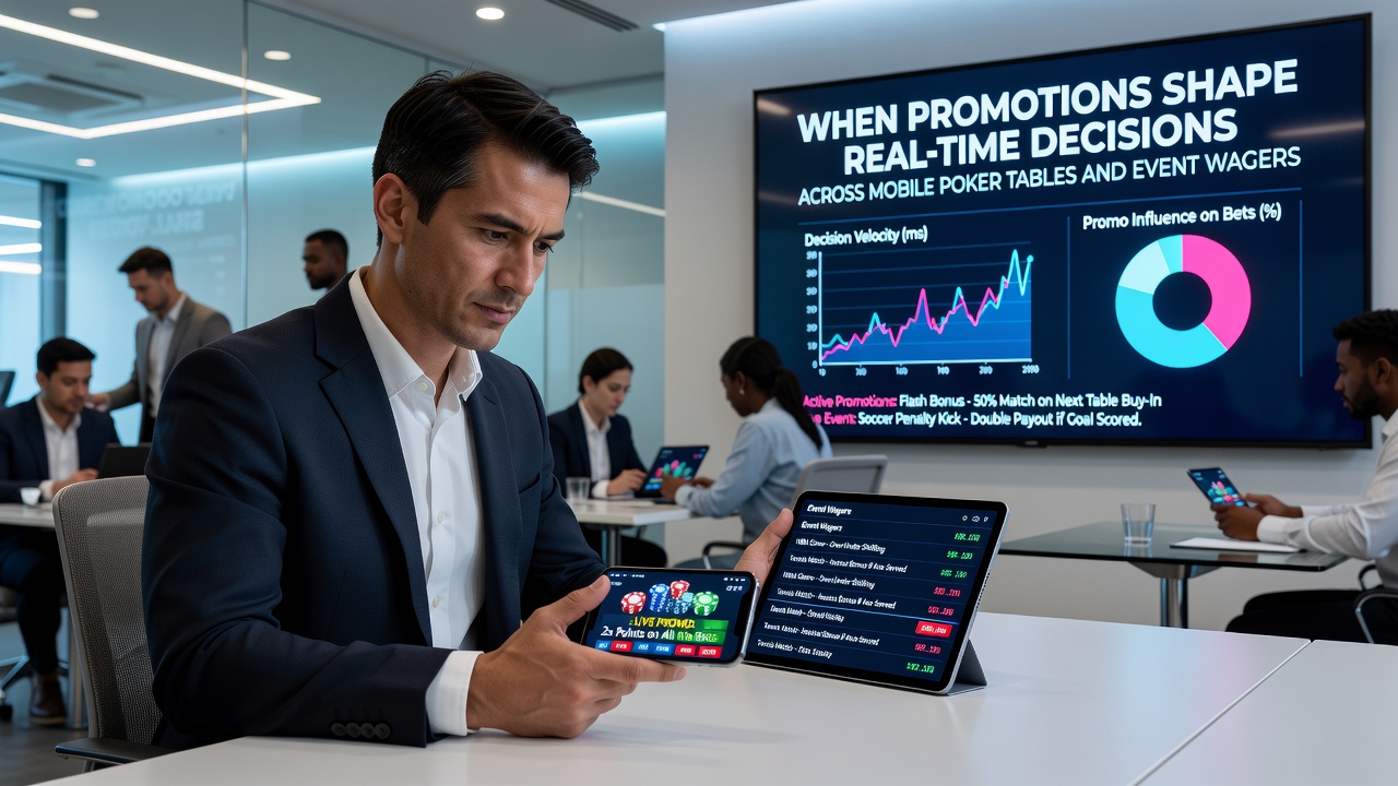 Event wagering dashboard on mobile with promotional overlays during a live sports match